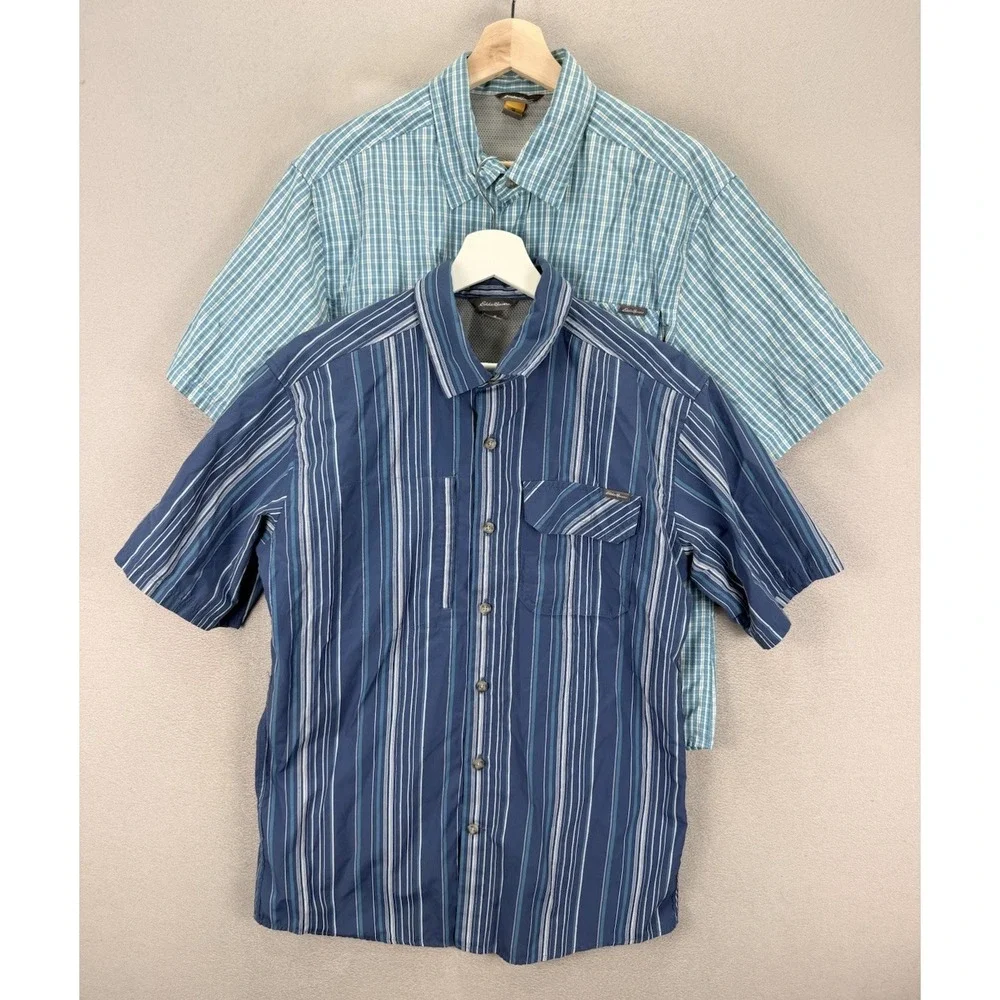 Eddie Bauer Men's Sz M Set Of Blue Striped & Plaid Button Up Pocket Front Shirts